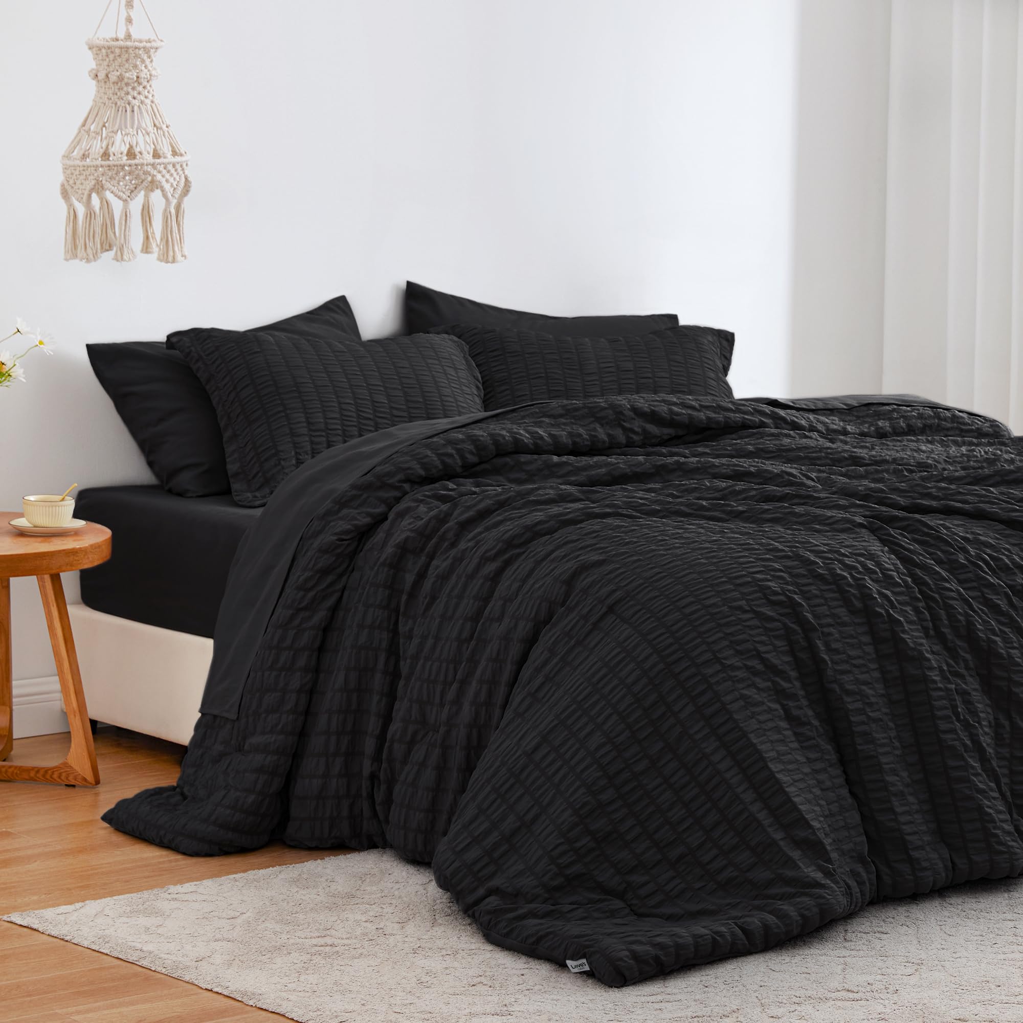 Love'S Cabin Seersucker Black California King Comforter Set, 7 Pieces California King Bed In A Bag, All Season Bedding Sets With Comforter, Flat Sheet, Fitted Sheet, Pillowcase And Pillow Sham