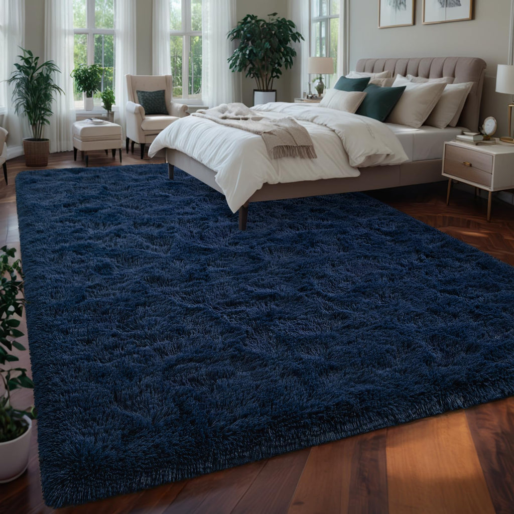 Larhom Extra Large Fluffy Shag Area Rug For Living Room, 8X10 Ft Navy Blue Fuzzy Plush Rugs For Bedroom, Kids Girls Boys Room, N