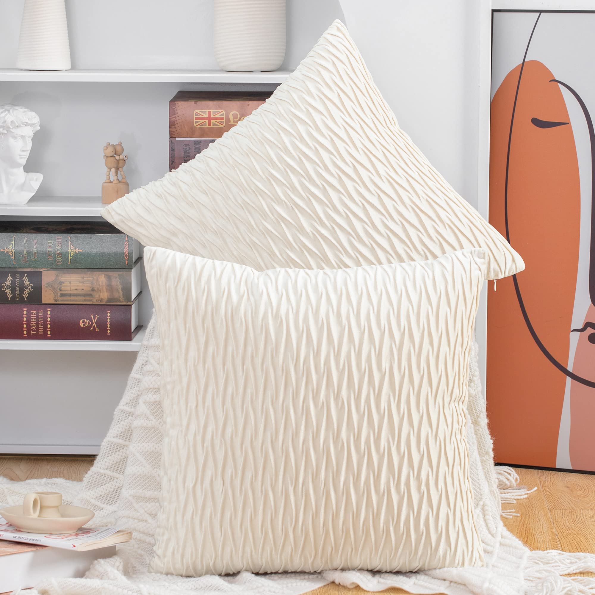 Madizz Set Of 2 Super Soft Velvet Decorative Throw Pillow Covers 26X26 Inch White Square With Texture Luxury Style Cushion Case