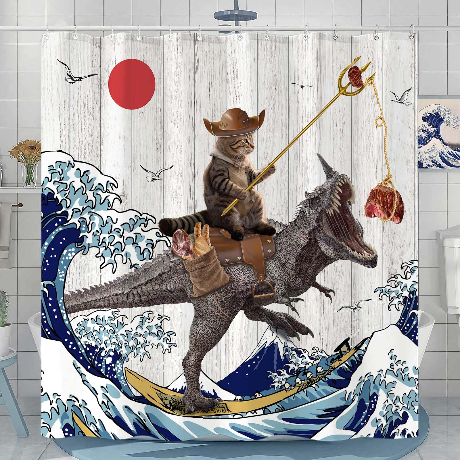 Fowocu 78 Inch Long Funny Cat Dinosaur Shower Curtain Fun Cool Cat Japanese Ocean Wave Waterproof Fabric Shower Curtains For Bat