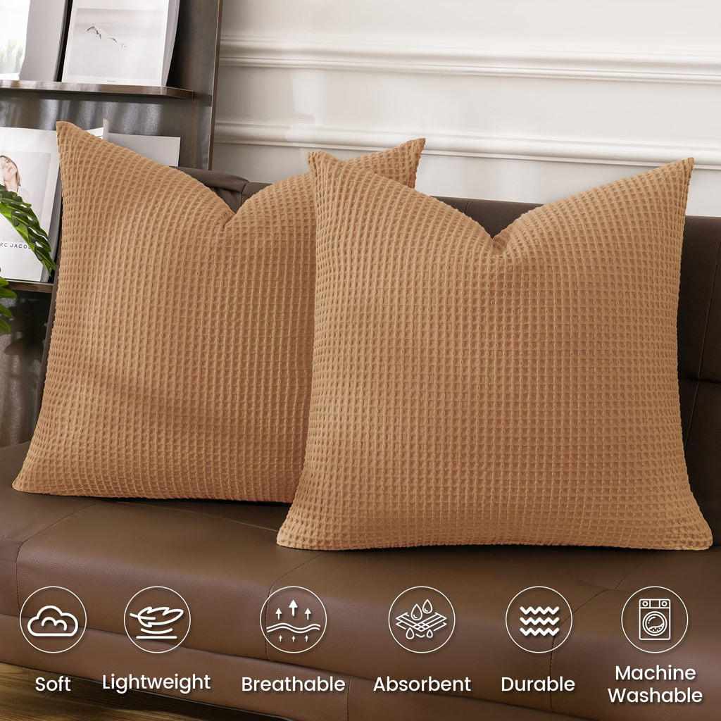 Phf 100% Cotton Waffle Weave Throw Pillow Cover, 22' X 22', No Filling, 2 Pack Elegant Home Decorative Square Throw Pillow Covers For Bed Couch Sofa, Standstone