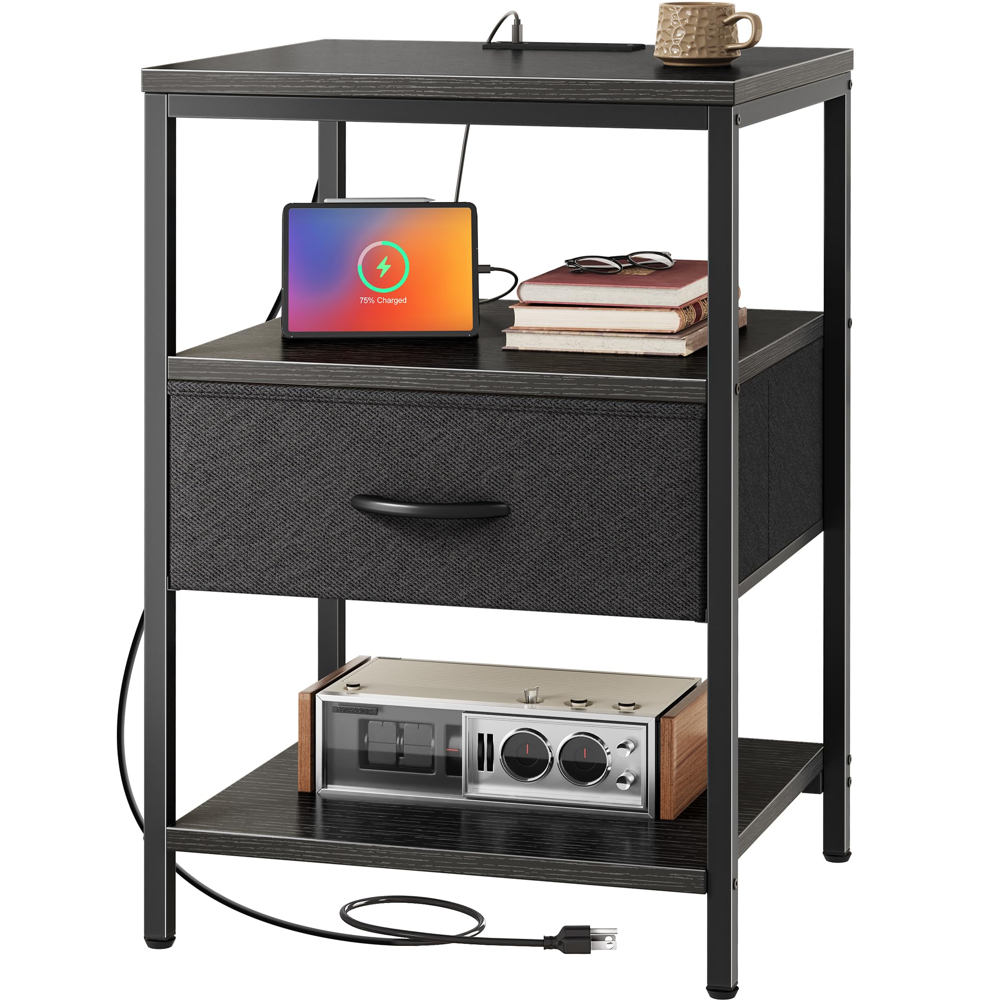 SUPERJARE Night Stand with Charger Station, 27.7 Inch Tall Nightstand with Adjustable Fabric Drawer, Bed Side Table, Fabric Draw