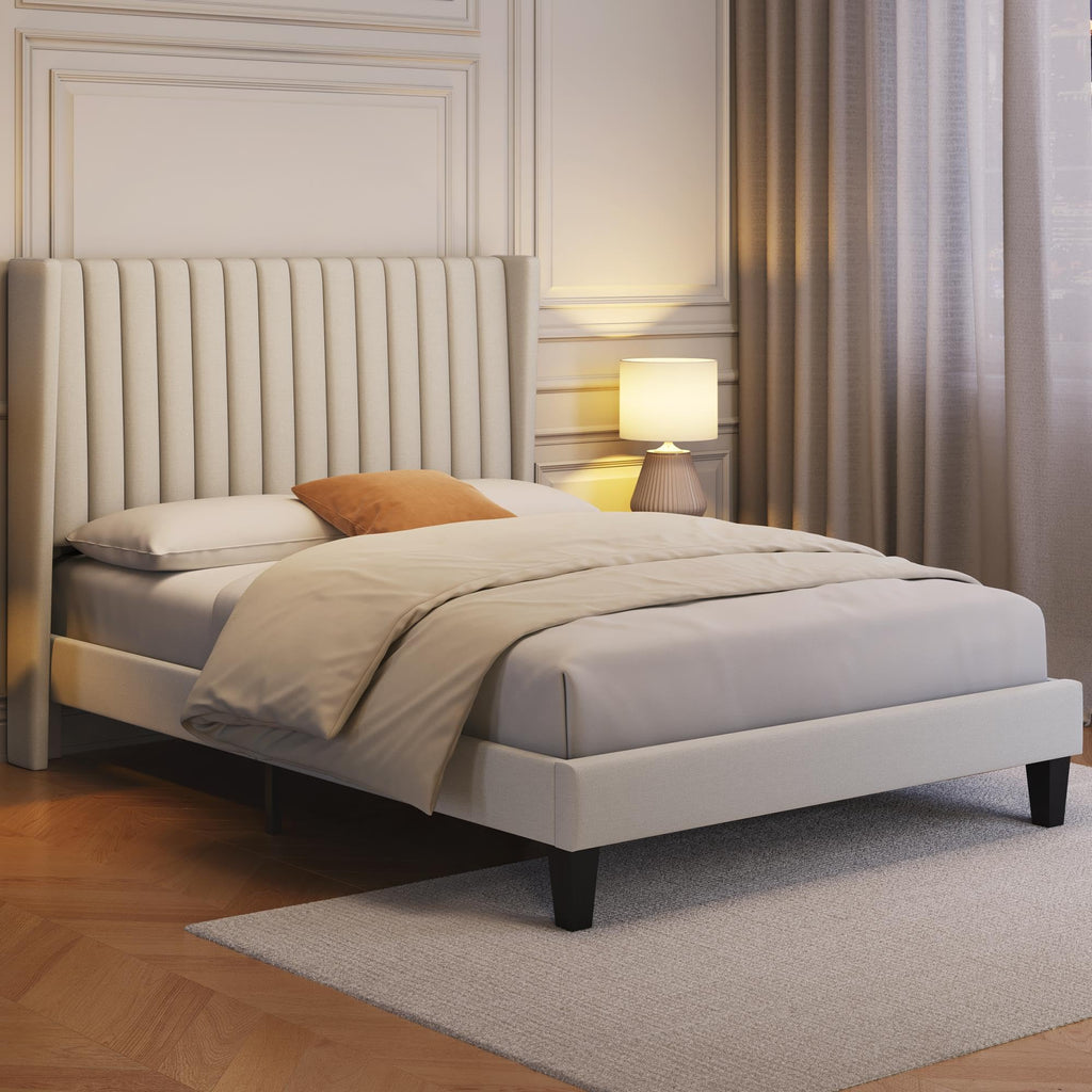 Yaheetech Full Bed Frame Upholstered Platform Bed With Fabric Headboard, Wing Edge Design/Non-Slip And Noise-Free/Wooden Slats Support/No Box Spring Needed/Easy Assembly, Beige Full Bed
