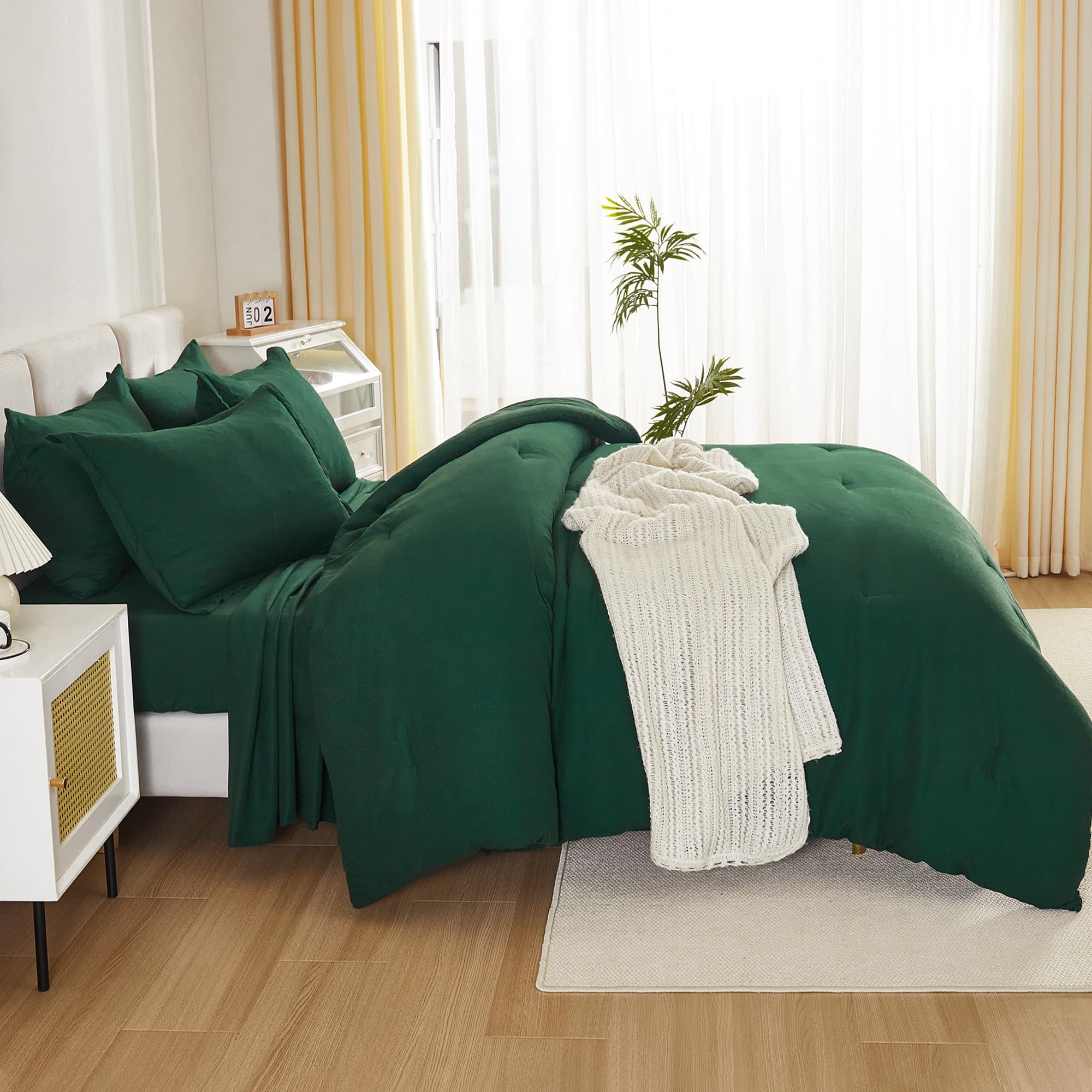 Litanika Full Size Comforter Sets Dark Emerald Green - 7 Pieces Bed In A Bag Full Beddding Comforter Sets, Solid Lightweight Bed