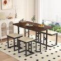 VECELO 43.3 Kitchen & Dining Table Set for 4, Rustic Farmhouse Style with 3 Benches and Wicker Cushions, Compact Metal Frame wit