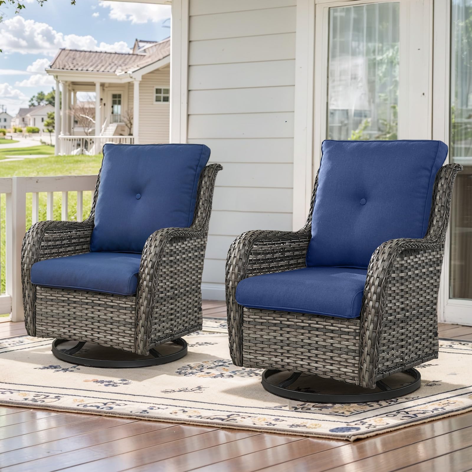 Belord Outdoor Swivel Rcoker Patio Chairs - Outdoor Swivel Patio Chairs Set Of 2 Wicker Chair Patio Furniture Sets With Covered Cushion For Porch Deck Balcony Garden, Blue