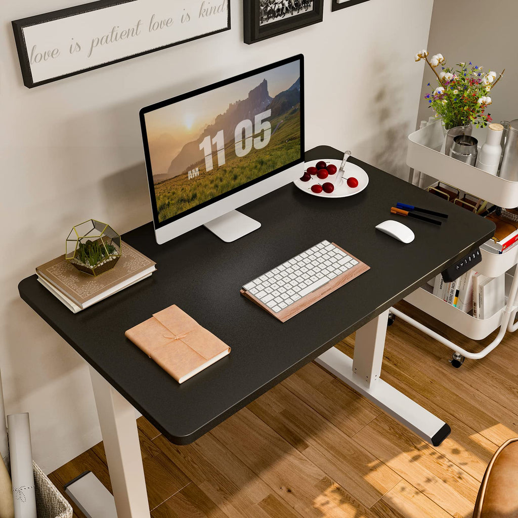 Flexispot En1 Electric Small Standing Desk 40 X 24 Inches Whole-Piece Desktop Adjustable Height Desk Ergonomic Memory Controller (White Frame + 40' Black Desktop, 2 Packages)