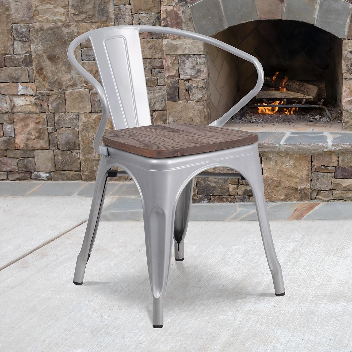 Flash Furniture Silver Metal Chair With Wood Seat And Arms