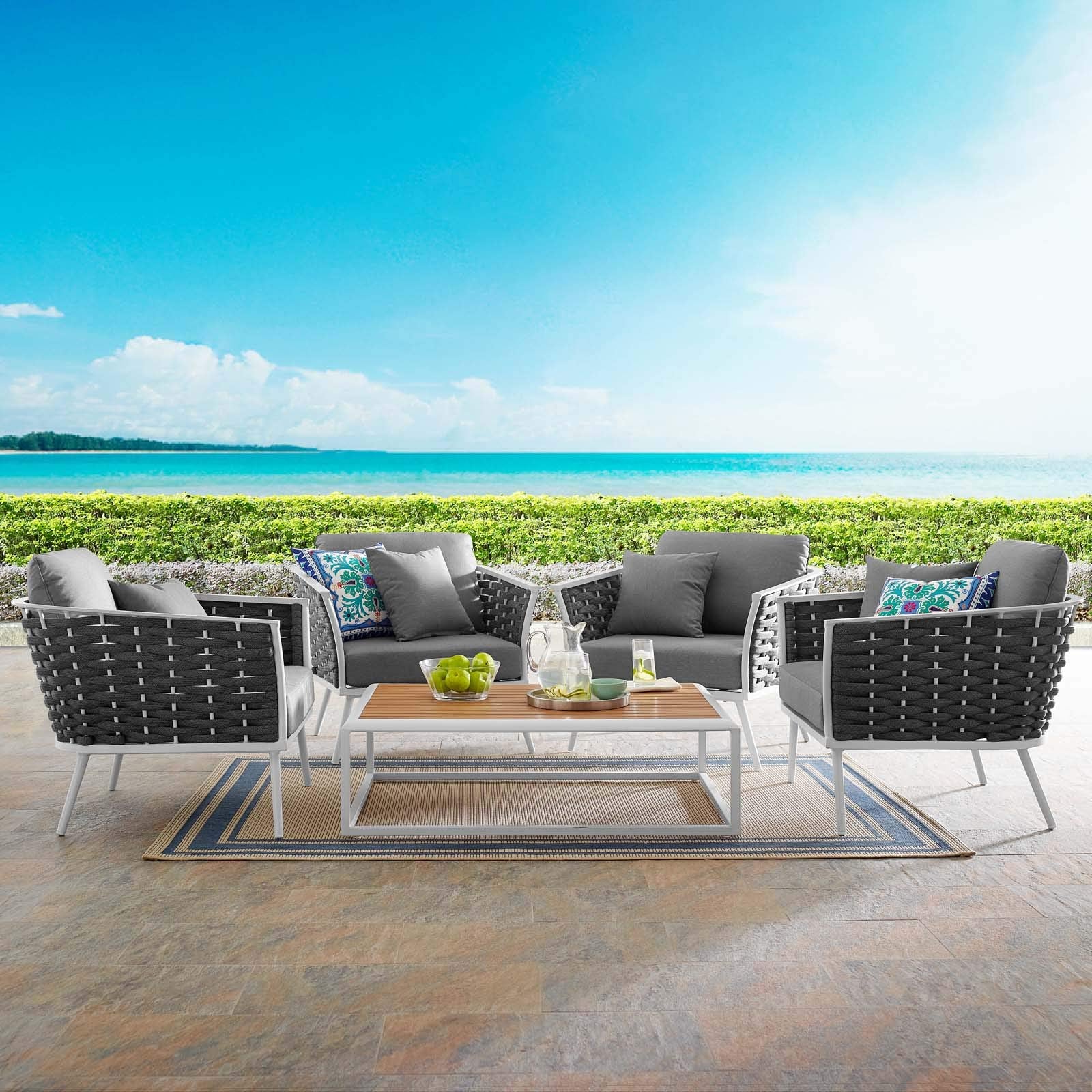 Modway Stance 5 Piece Outdoor Patio Aluminum Sectional Sofa Set In White Gray, Sips For Four