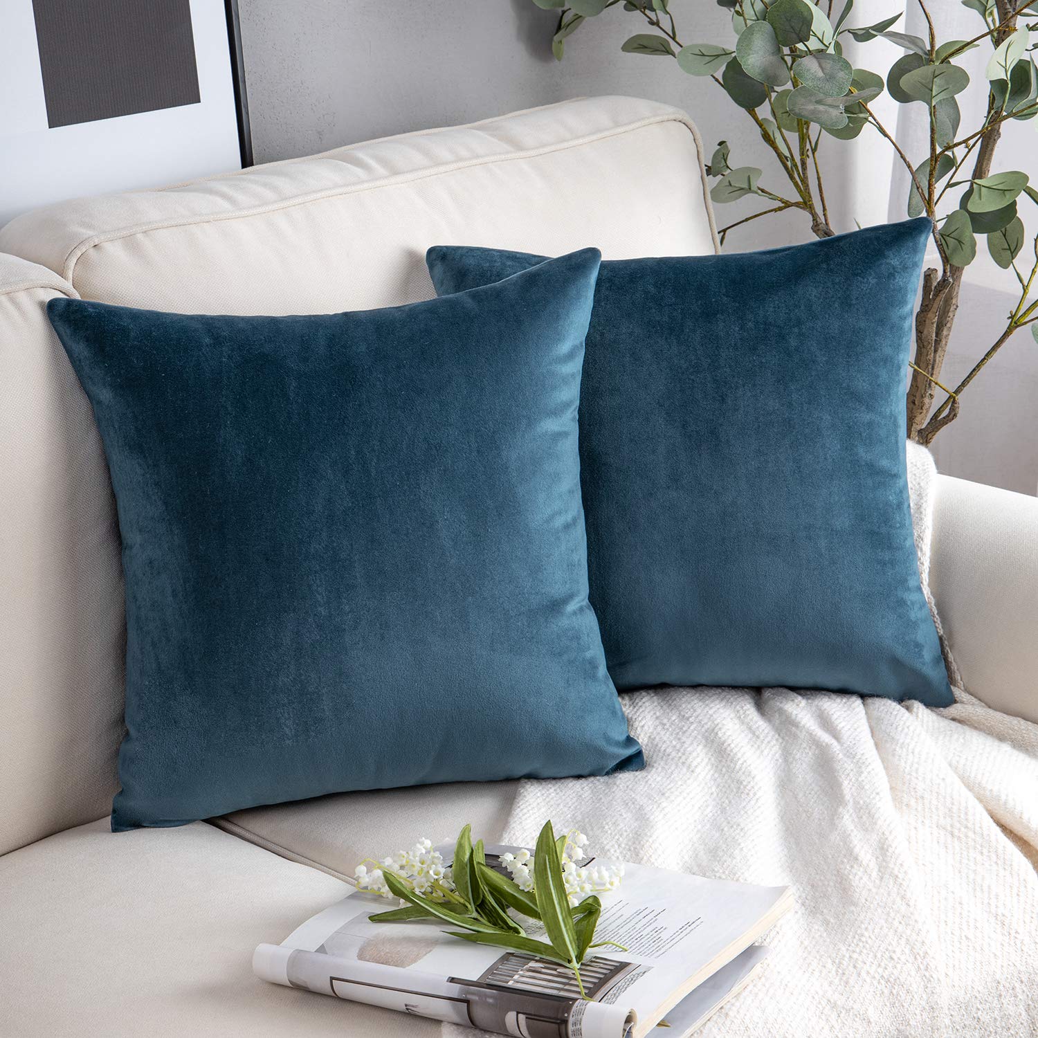 Phantoscope Pack Of 2 Velvet Decorative Throw Decorative Pillow Cover Soft Solid Square Cushion Case For Couch Dark Blue 18 X 18