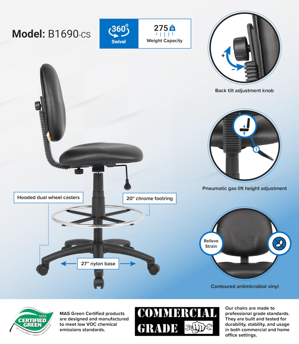 Boss Office Products Stand Up Caressoft Drafting Stool without Arms in Black