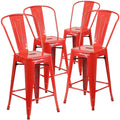 4 Pk. 24 High Red Metal Indoor-Outdoor Counter Height Stool with Back