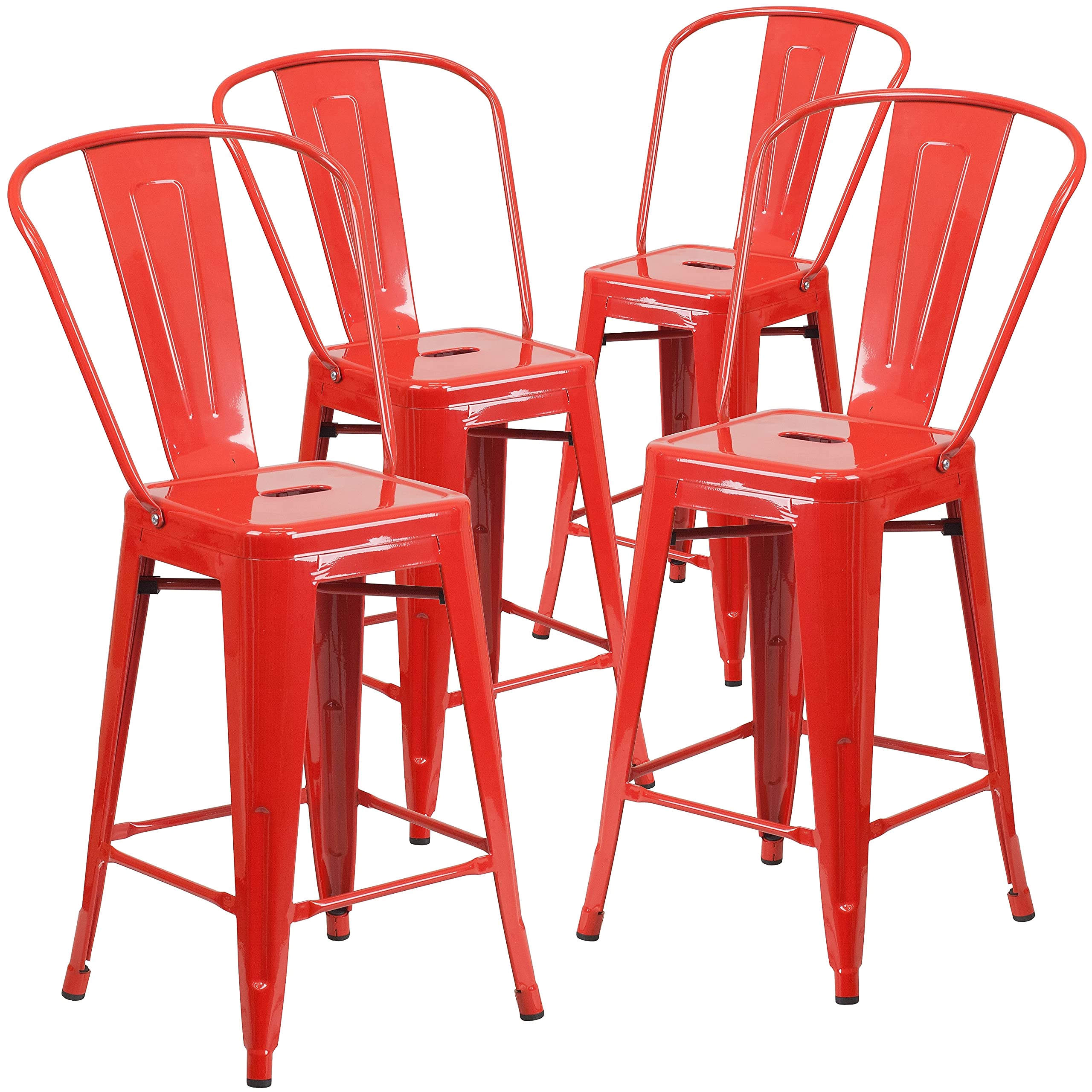 4 Pk. 24 High Red Metal Indoor-Outdoor Counter Height Stool with Back