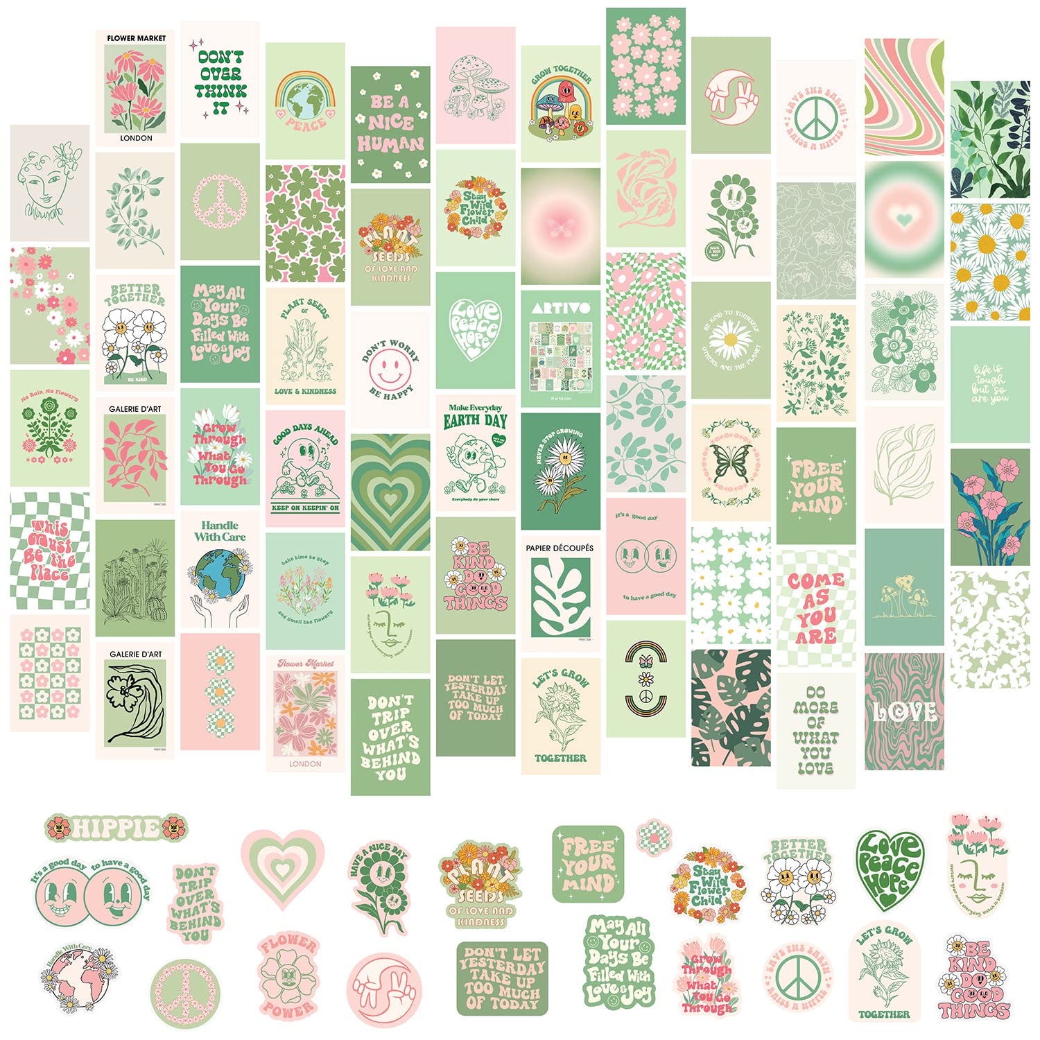 Sage Green Room Decor Aesthetic 70pcs, Green Wall Collage Kit Aesthetic Pictures for Teen Girls, Preppy Posters for Girls Room, 