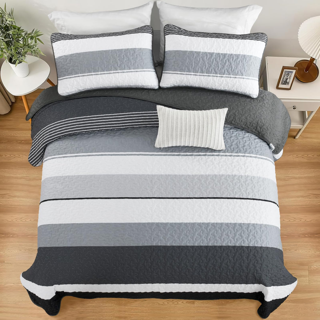 Dinjoy Black And White Boho Quilt Set Queen,Grey Striped Bedspread Queen Size Lightweight Fall Quilts 3 Pieces Patchwork Bedding