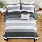Dinjoy Black And White Boho Quilt Set Queen,Grey Striped Bedspread Queen Size Lightweight Fall Quilts 3 Pieces Patchwork Bedding