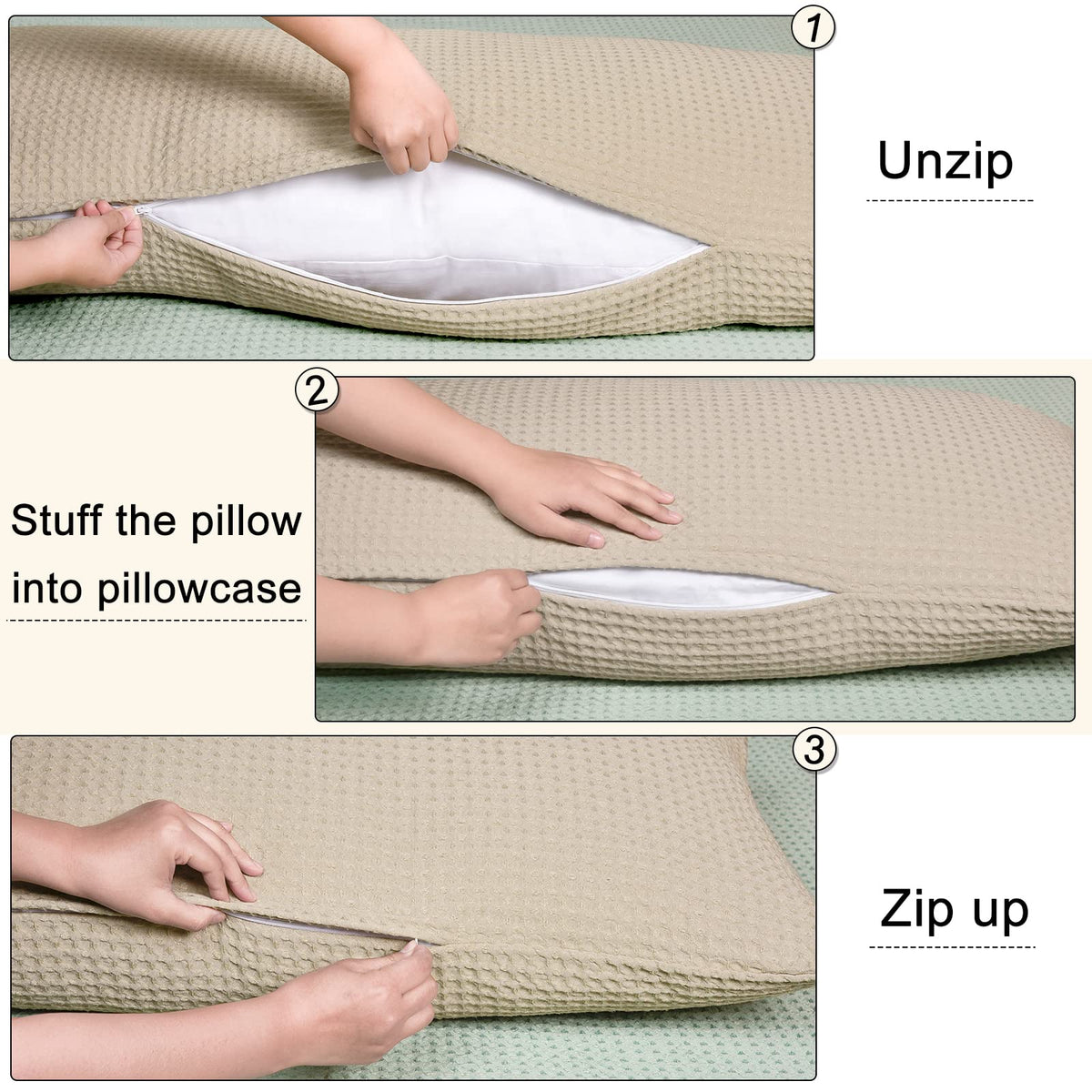 Phf Ultra Soft Waffle Weave Body Pillowcase 20' X 54', No Insert, Breathable & Skin-Friendly Body Pillow Sham With Zipper, Decorative Waffle Weave Body Pillow Cover, Khaki