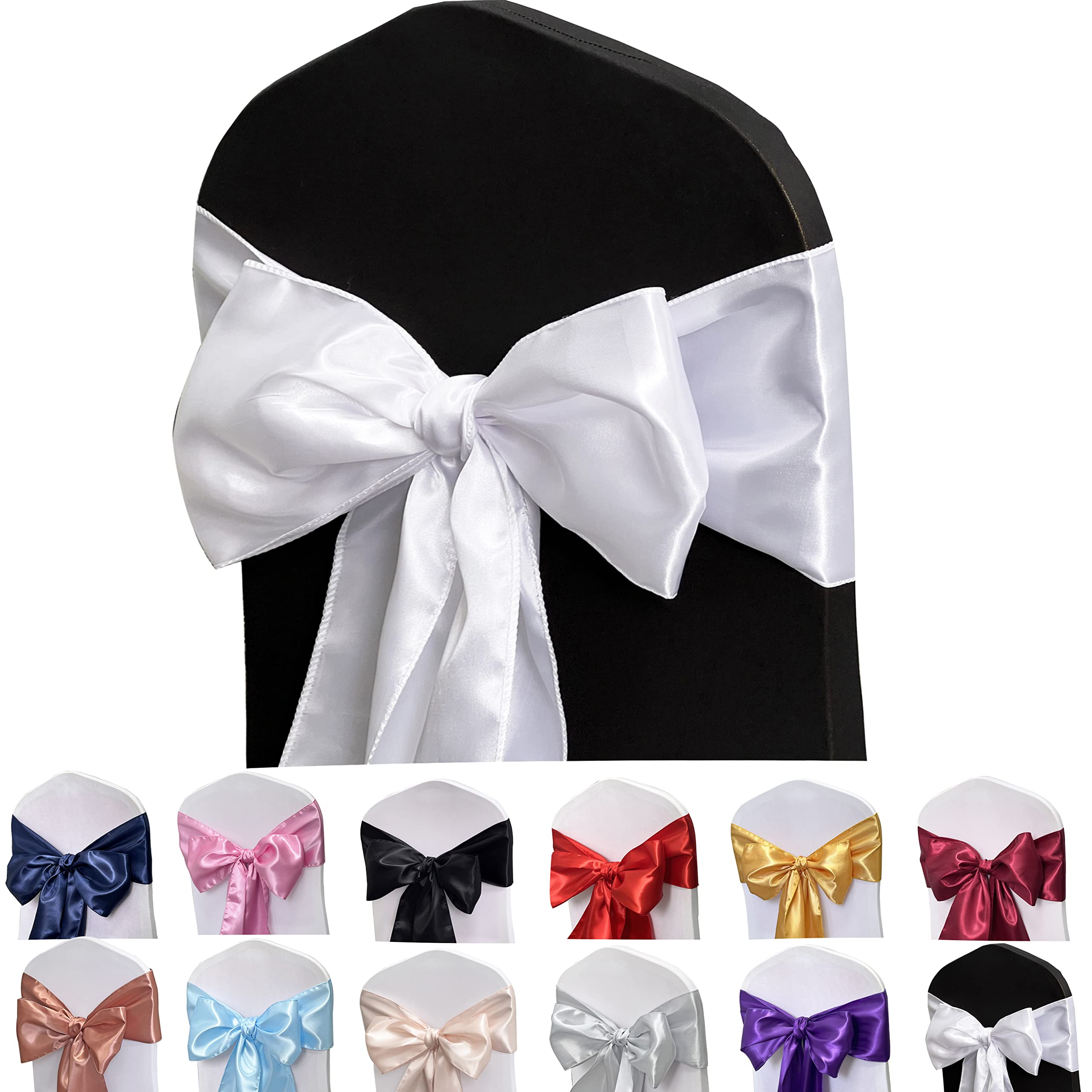 Maiangel Satin Chair Sashes Bows-12Pcs Chair Ribbon Ties Back Sash For Wedding Party Events Banquet Chair Cover Decoration (Whit