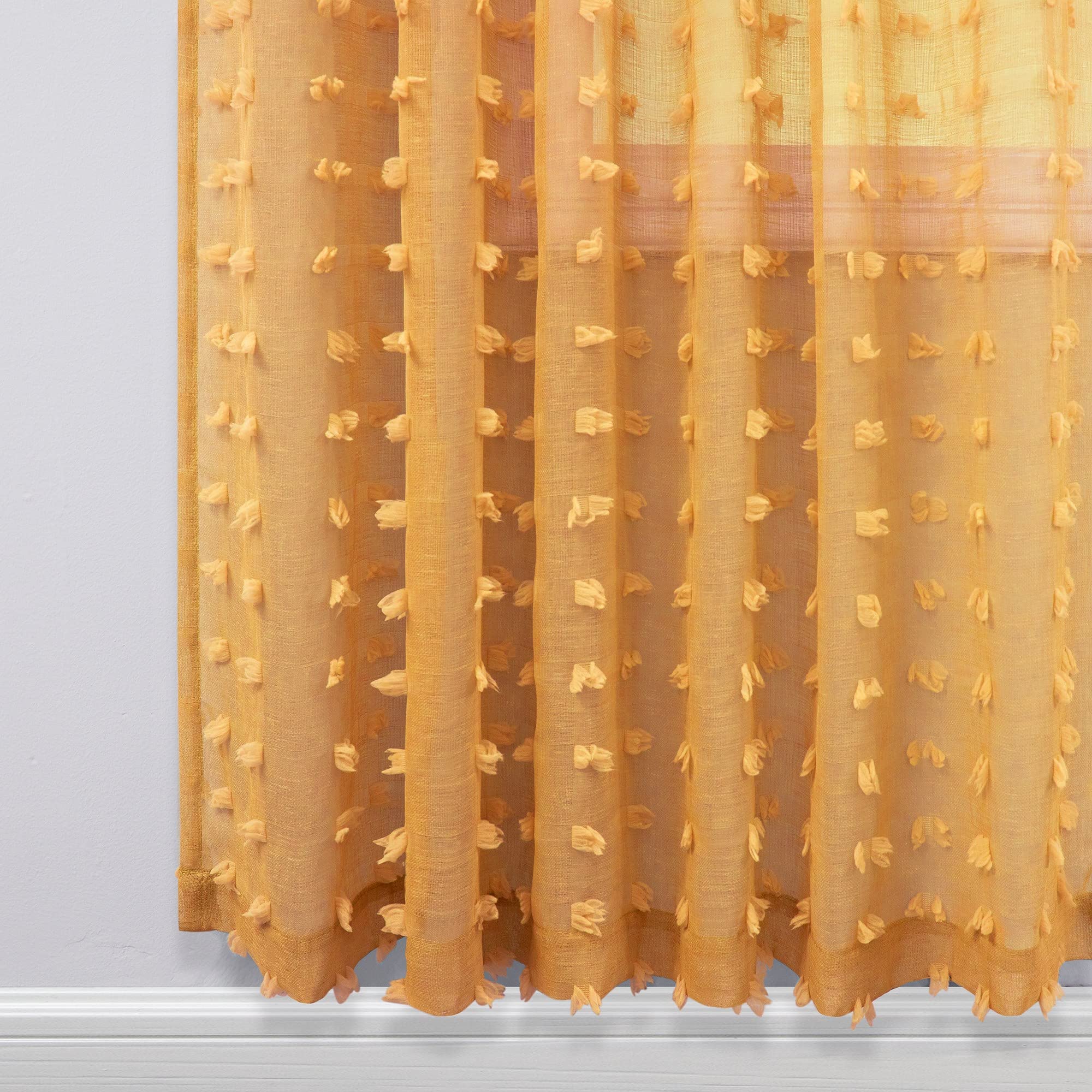 Spring Mustard Yellow Textured Curtains 90 Inch Length 2 Panels For Living Room Bedroom Dining Room Boho Back Tab Rod Pocket Pom Pom Tufted Gold Semi Sheer Curtain 90 Inches Long For Nursery Kids Room