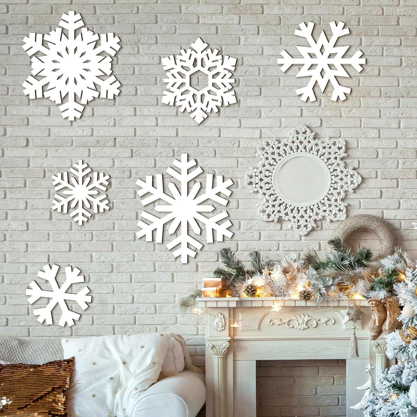 Thyle 6 Pcs winter Snowflake Wooden Sign Decoration for Wall Snowflake Shape Sign 3 Sizes Snowflake Hanging Plaques Rustic Wood 