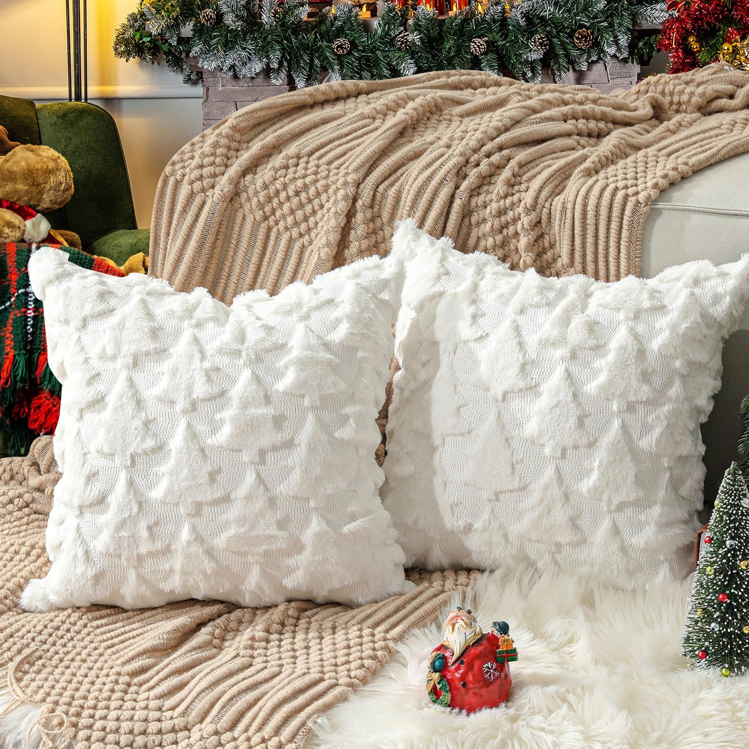 Toypopor Christmas Pillow Covers 16' X 16' Set Of 2, Soft Faux Rabbit Fur 3D Embroidery Christmas Tree Throw Pillow Covers For