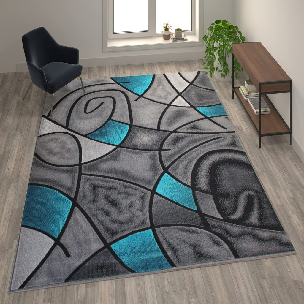 Flash Furniture Jubilee Collection Abstract Area Rug - Colorfast Turquoise Olefin Rug - 8' X 10' Area Rug - Jute Backing - Living Room, Bedroom, & Family Room