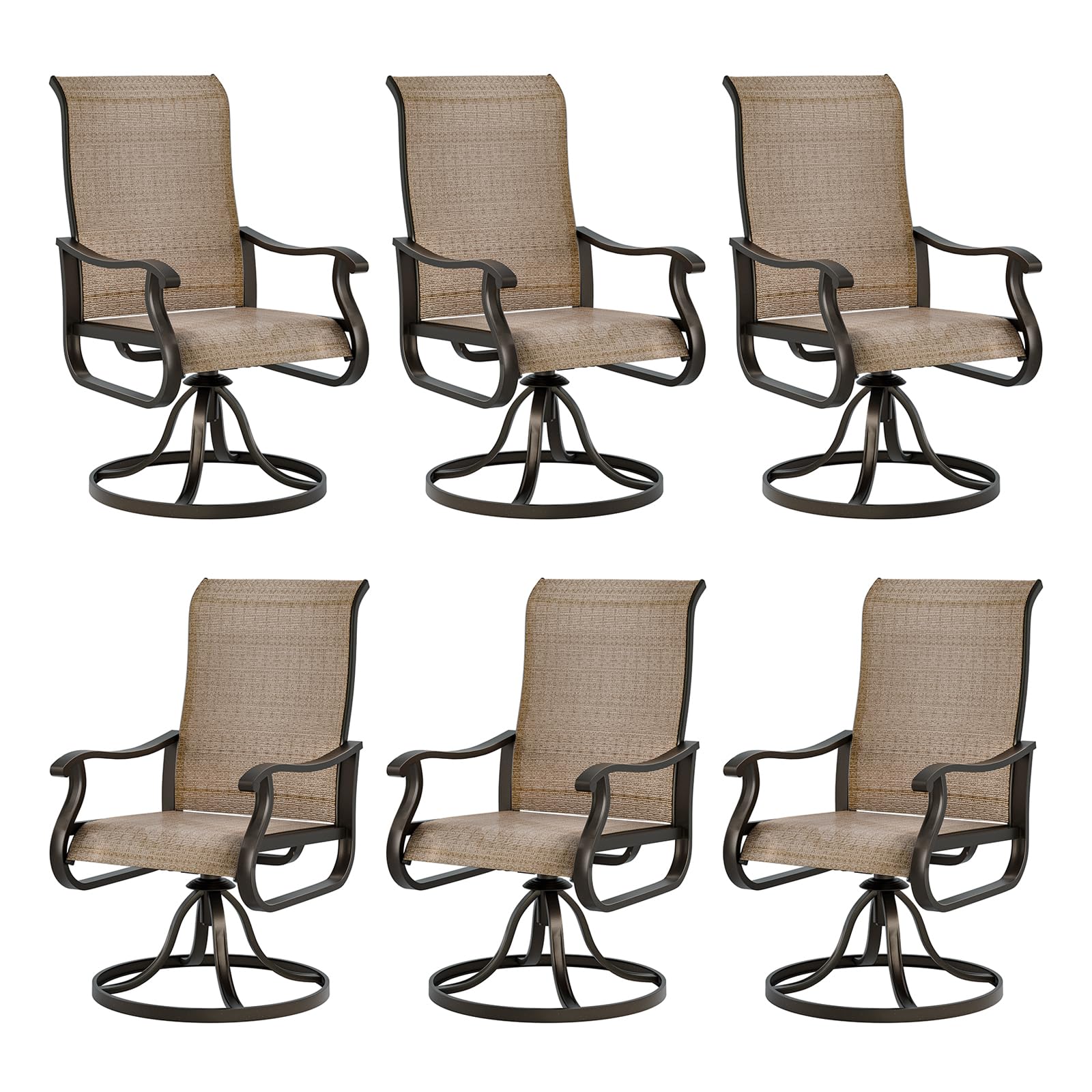 Udpatio Patio Swivel Dining Chairs Set Of 6, Outdoor Swivel Chairs High Back With All Weather Textilene Metal Rocking Frame For Lawn Garden Backyard, Brown