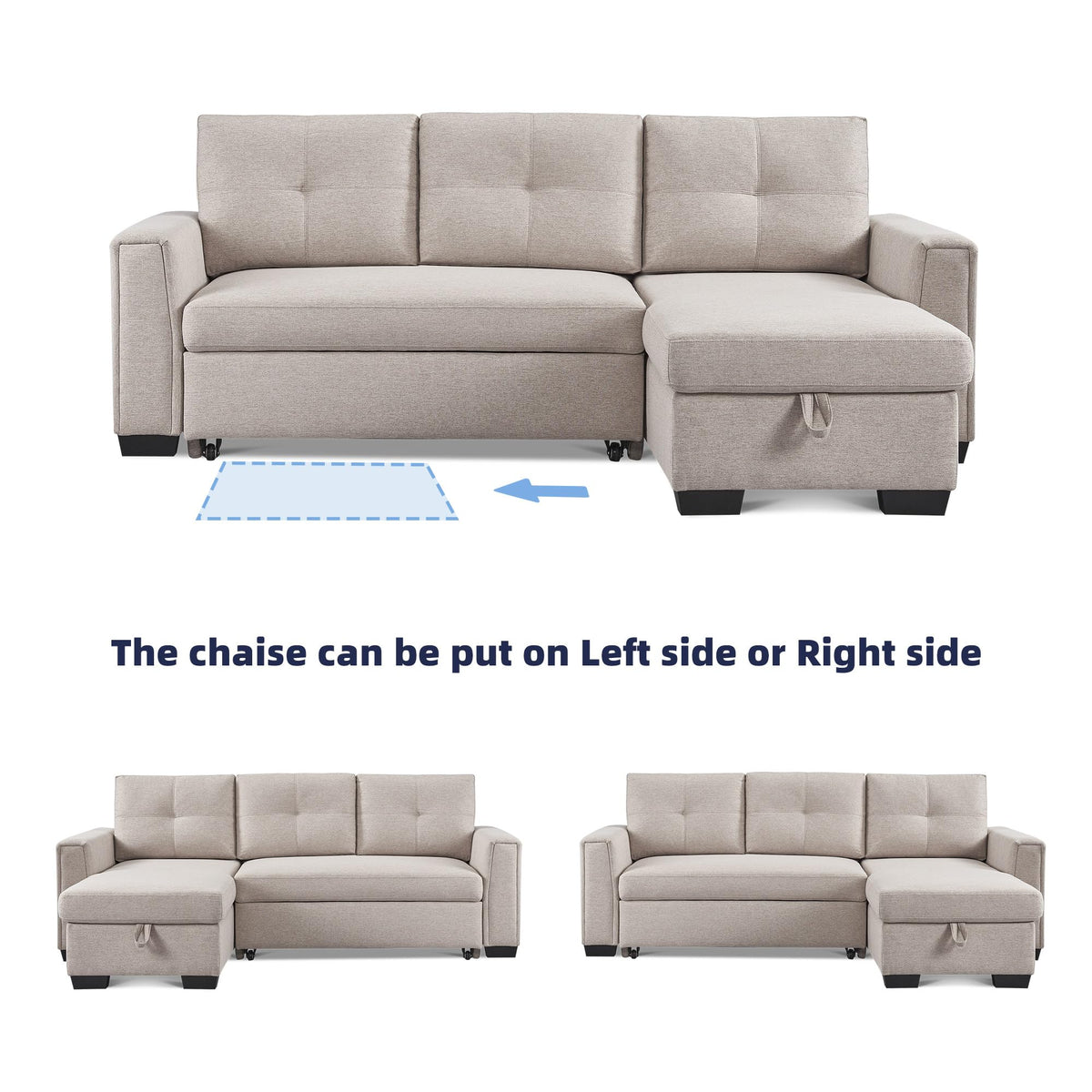 American Furniture Classics Beige Tufted Sectional Chaise Sofa Sleeper with Storage, 92" x 59" x 36"