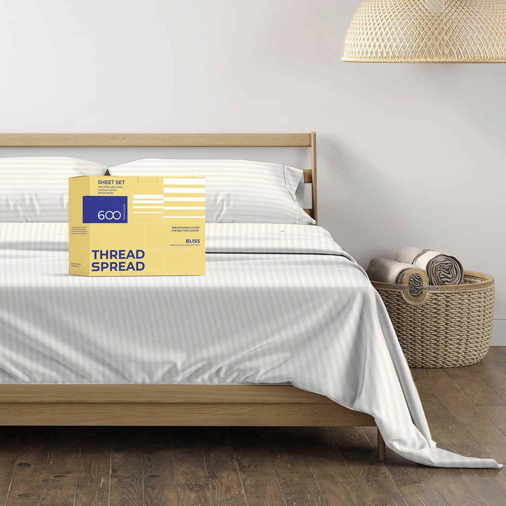Thread Spread Luxury Egyptian Cotton King Stripe Sheet Set, 600 Thread Count Extra Long Staple 4 Pc Set, King Damask Sheets, Sof