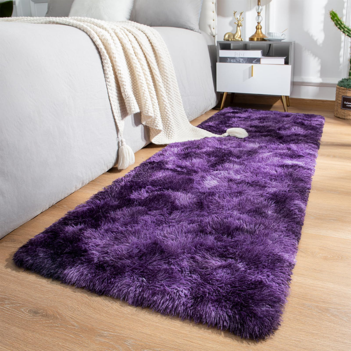 Softlife Area Rug for Bedroom, 2x6 Feet Runner Rug Plush Fluffy Rug for Living Room, Tie-Dyed Purple Shag Rug for Aesthetic Room