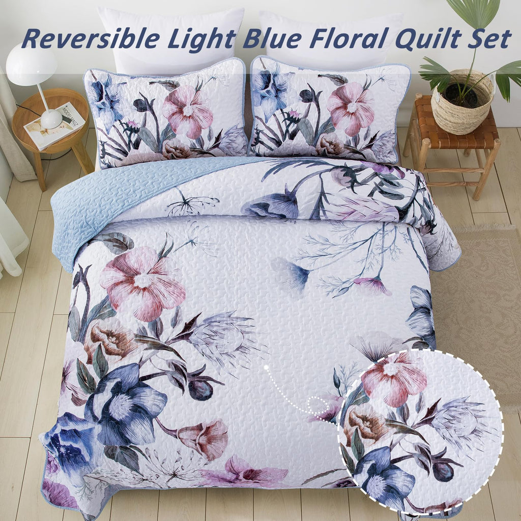 Floral Quilt Set Queen 3 Pieces Light Blue Floral Quilt Coverlet Set Soft Microfiber Lightweight Light Blue Quilted Bedspread Fo