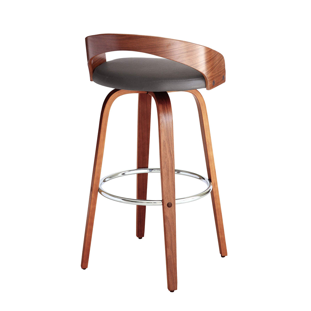Armen Living Sonia Mid Century Modern Swivel Bar Stool For Kitchen Island Counter In Gray Faux Leather And Walnut Wood, 30' Seat Height