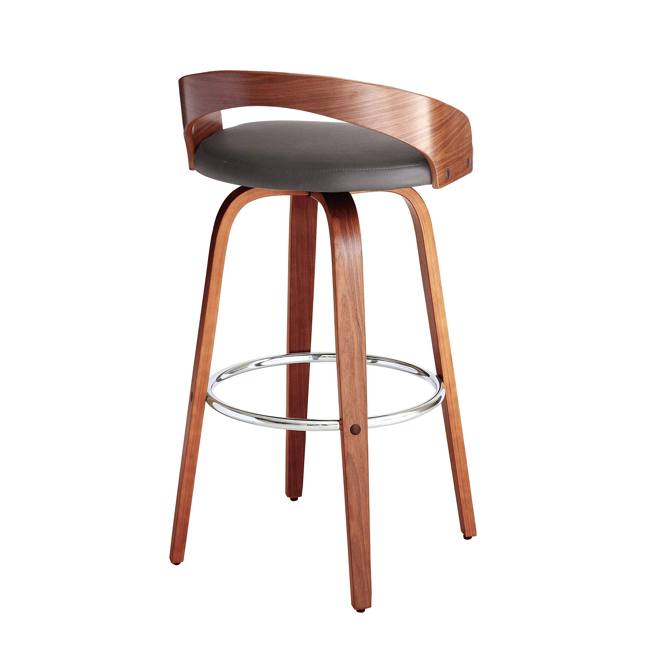 Armen Living Sonia Mid Century Modern Swivel Bar Stool For Kitchen Island Counter In Gray Faux Leather And Walnut Wood, 30' Seat Height