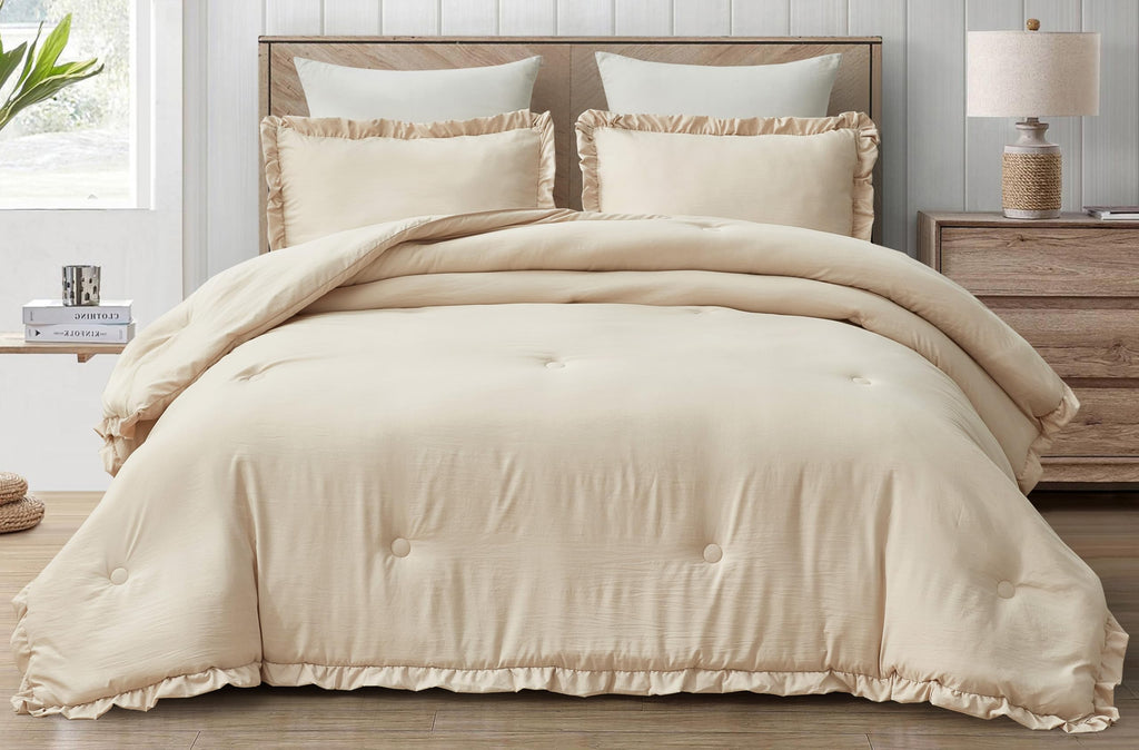 Chezmoi Collection Nora Light Sand Comforter Set Oversized King Size 3-Piece Fluffy Soft Lightweight Bedding Ruffled Edge Trim S