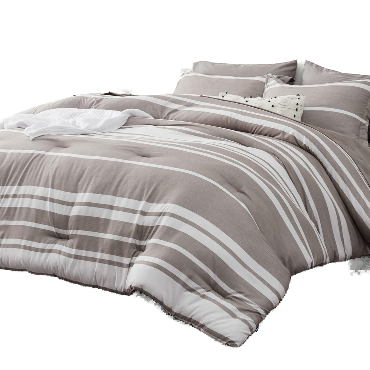 Bedsure Bed In A Bag Queen Size 7 Pieces, Warm Taupe White Striped Bedding Comforter Sets All Season Bed Set, 2 Pillow Shams, Flat Sheet, Fitted Sheet And 2 Pillowcases