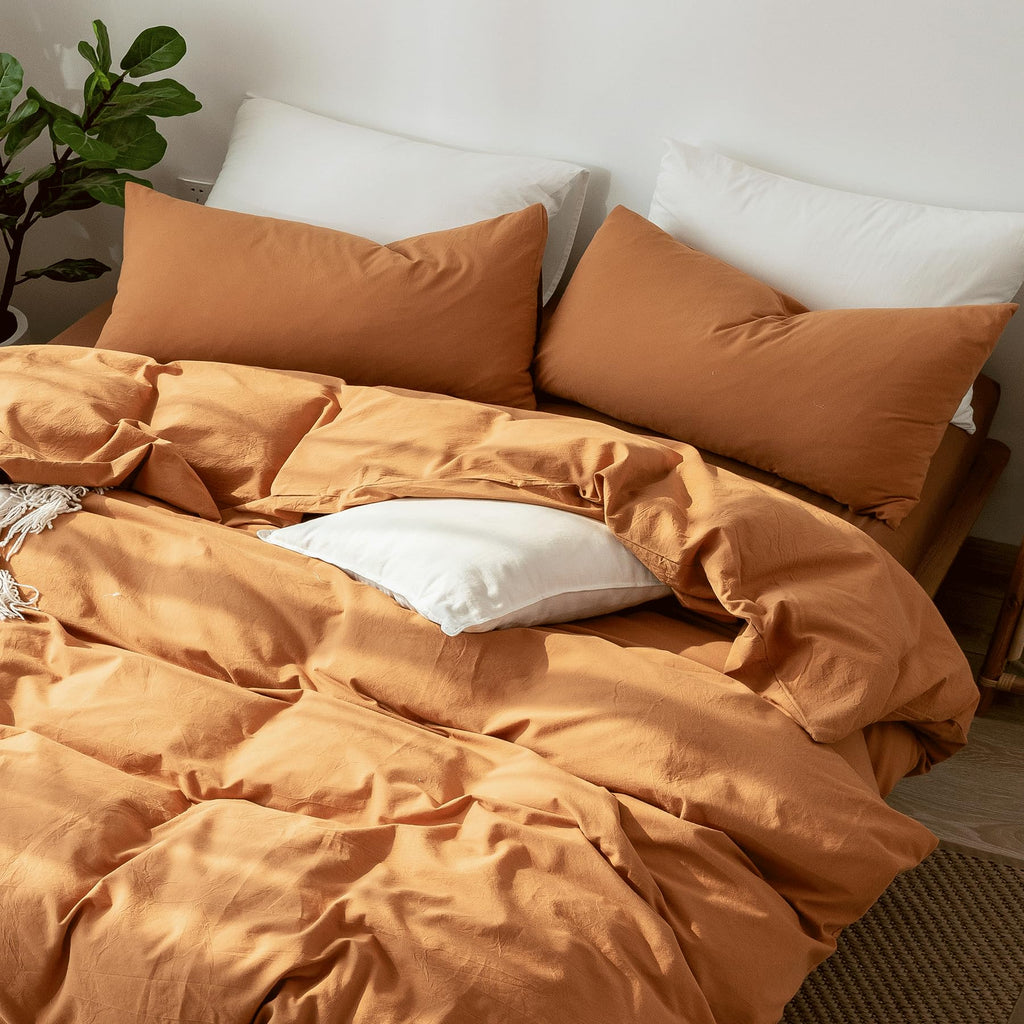 Moomee Bedding Pillowcases Pack Of 2 100% Washed Cotton Linen Like Textured Breathable Durable Soft Comfy (Burnt Orange, King)