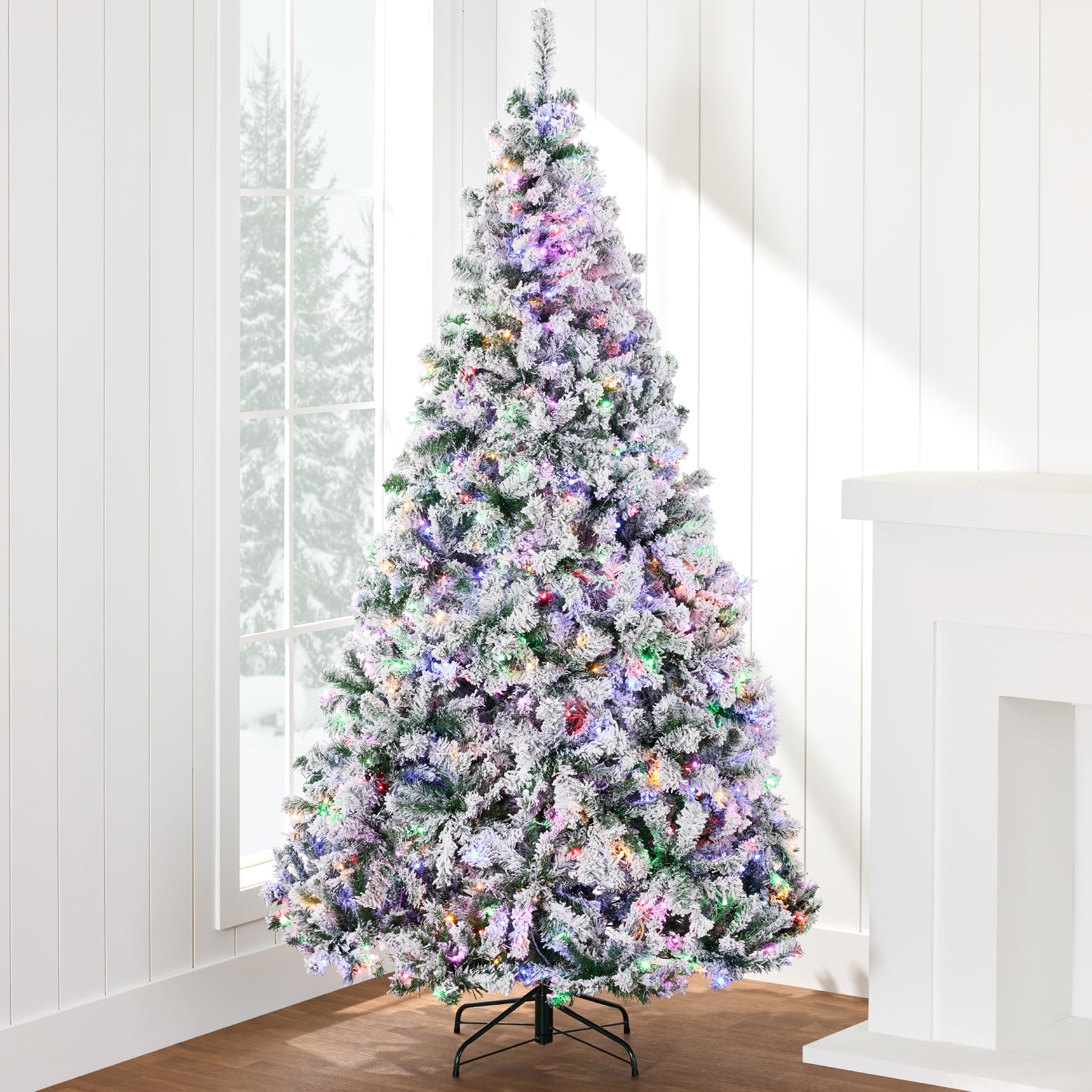 Best Choice Products Pre-Lit Artificial Christmas Tree 9ft Snow Flocked Pine Tree, 2-in-1 White and Multicolor LED Lights, Full 