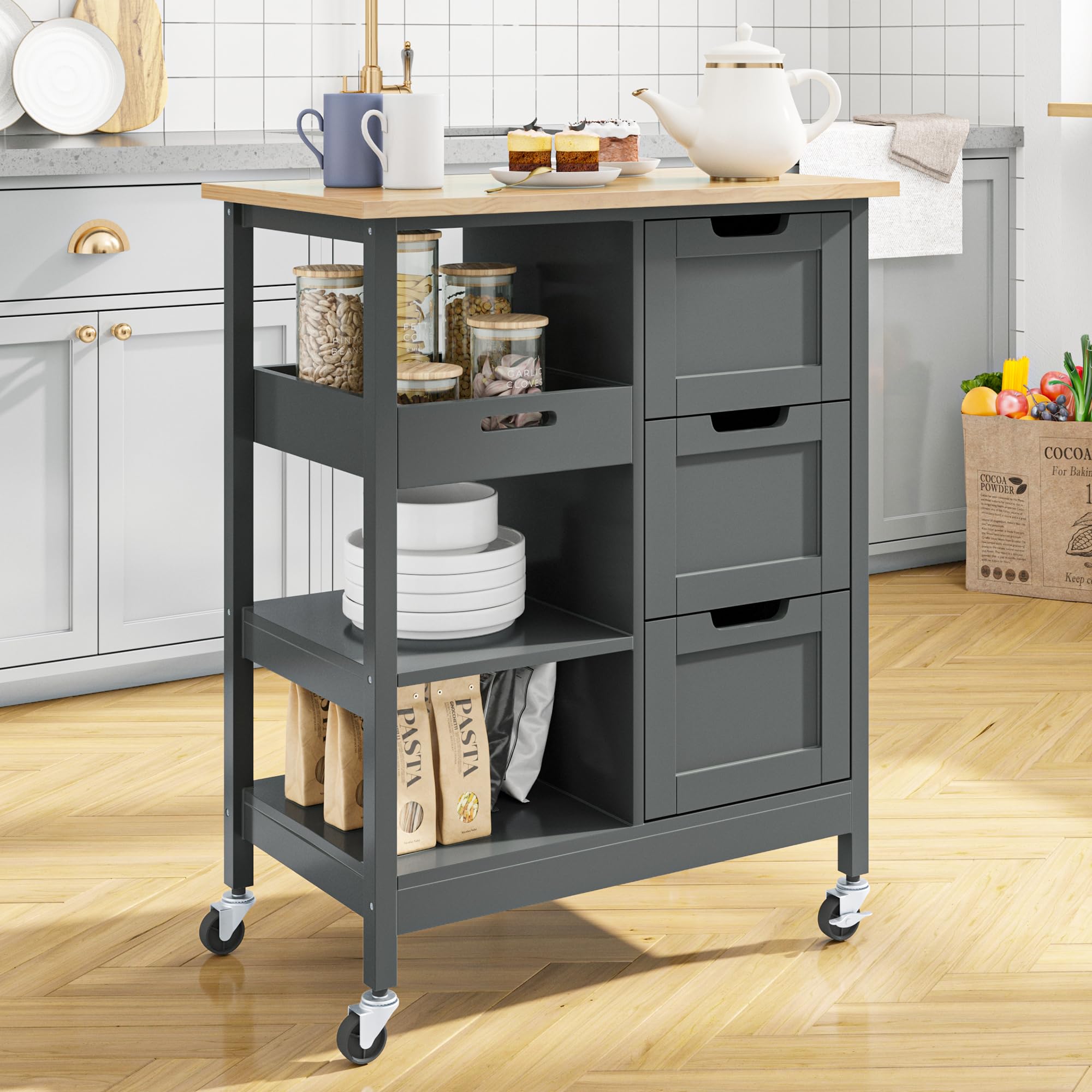 YITAHOME Small Solid Wood Top Kitchen Island Cart on Wheels with Storage, Rolling Portable Dining Room Serving Utility Carts Mob