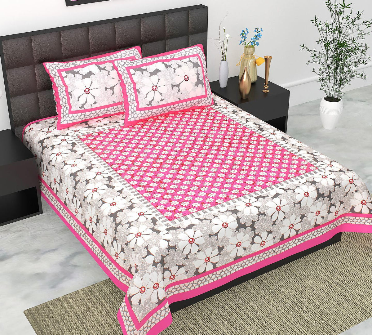 JEEVAT Jaipuri Double Bed Cotton Bedsheet with 2 Pillow Cover | Soft Plush Cotton Fabric | Traditional Print | Bedroom Home Deco