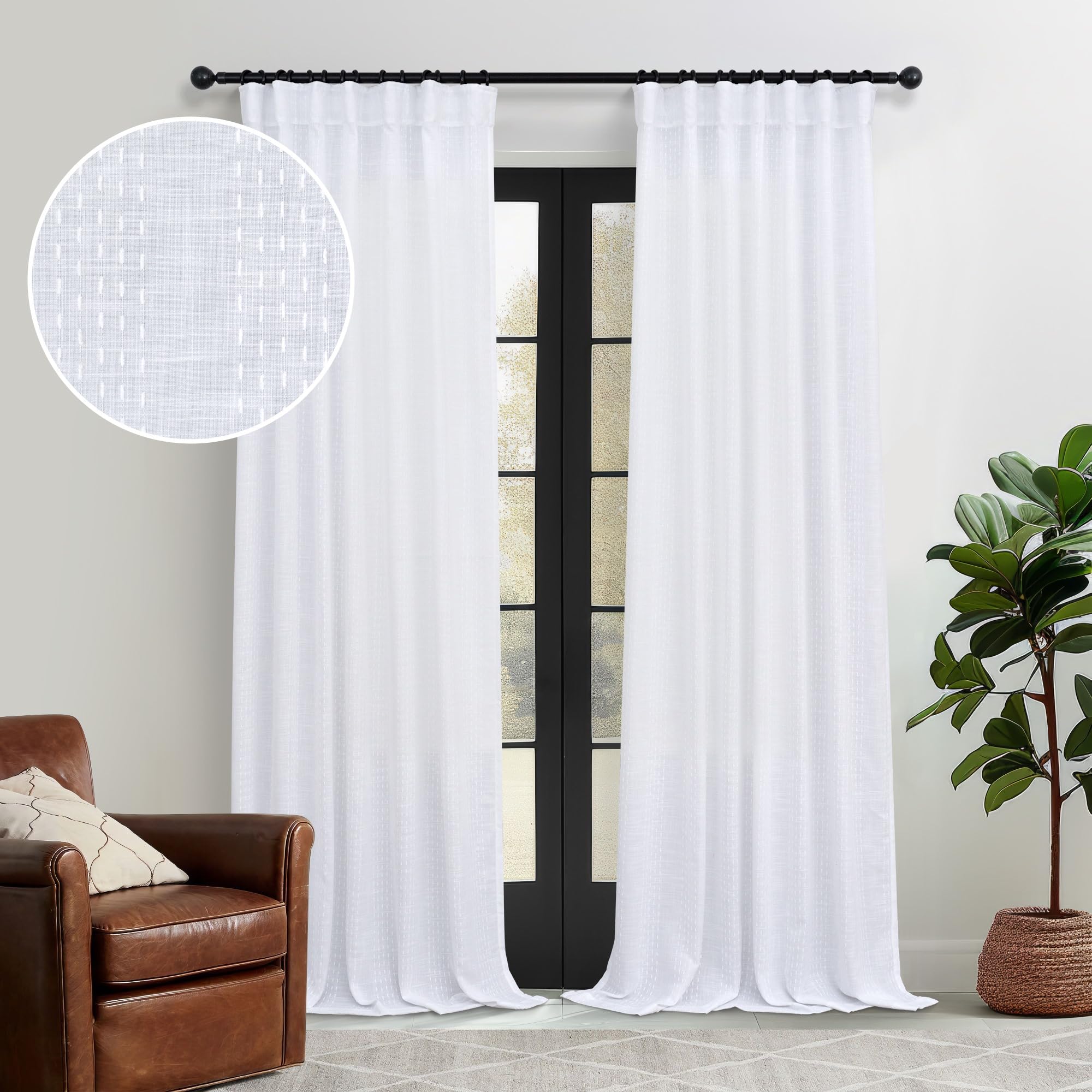 White Linen Curtains 92 Inches Long for Patio Living Room 2 Panel Set Rod Pocket Back Tab Pleat Hook Belt Light Filtering Sheer 