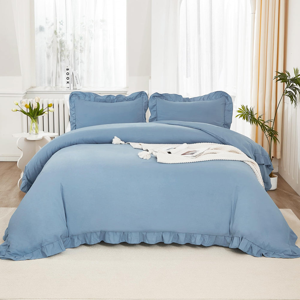 Litanika Grayish Blue Full Size Comforter Sets, 3 Pieces Ruffle Farmhouse Aesthetic Bedding Comforter Sets, All Season Soft Ligh