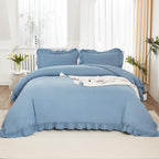 Litanika Grayish Blue Full Size Comforter Sets, 3 Pieces Ruffle Farmhouse Aesthetic Bedding Comforter Sets, All Season Soft Ligh