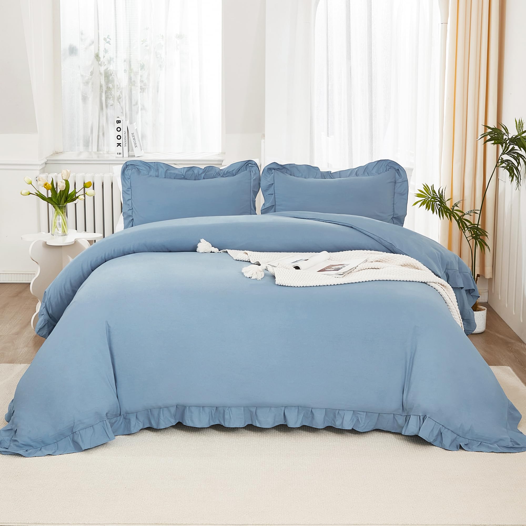 Litanika Grayish Blue Full Size Comforter Sets, 3 Pieces Ruffle Farmhouse Aesthetic Bedding Comforter Sets, All Season Soft Ligh