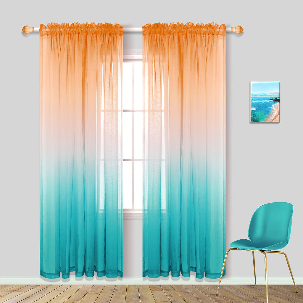 Orange Sheer Curtains 84 Inch Length For Bedroom 2 Panels Set Window Drapes Ombre Orange And Green Sea Teal Beach Vacation Holid