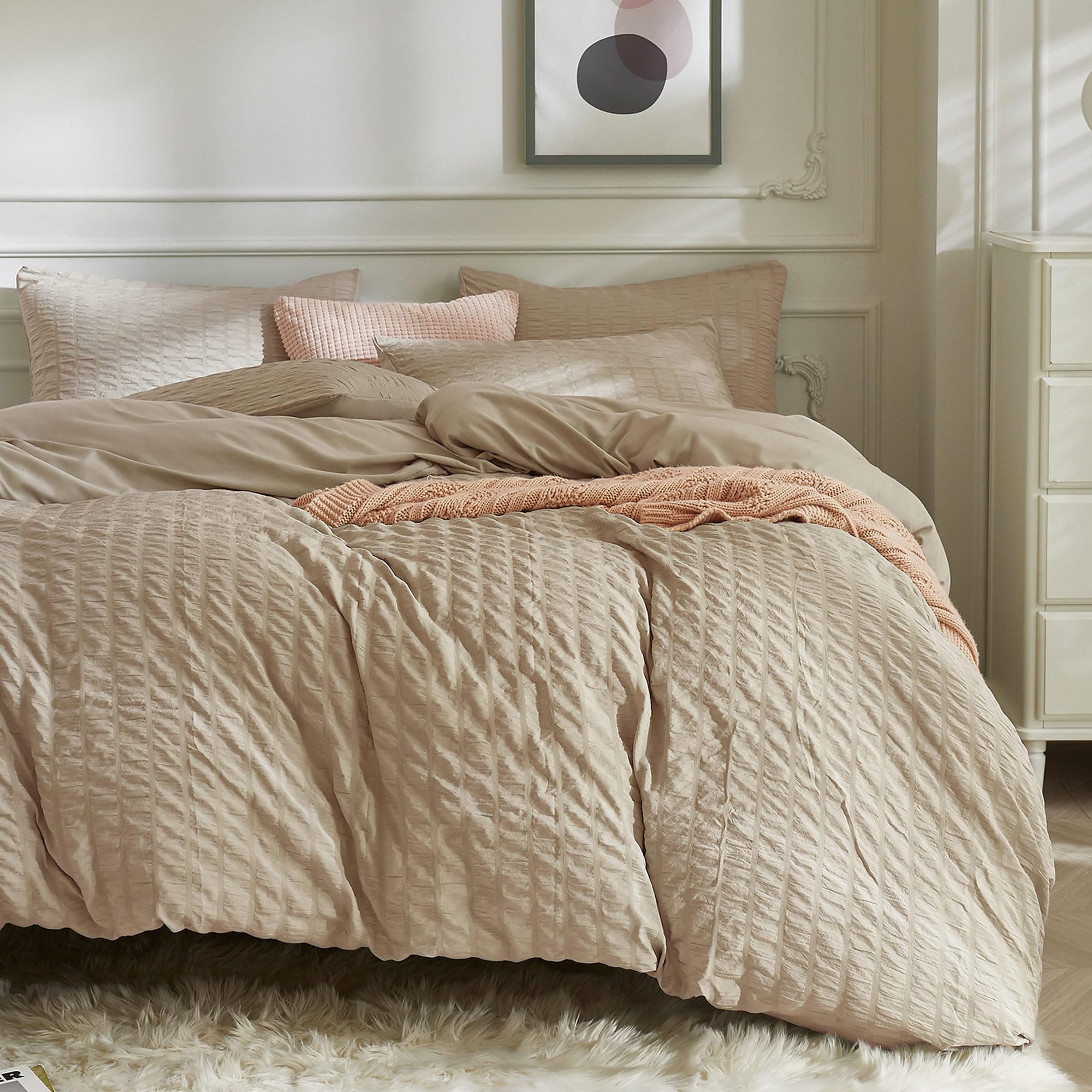 Jellymoni Khaki Duvet Cover Twin Size, 3Pcs Washed Microfiber Bedding Set, Soft Breathable Seersucker Duvet Cover Set With Zippe