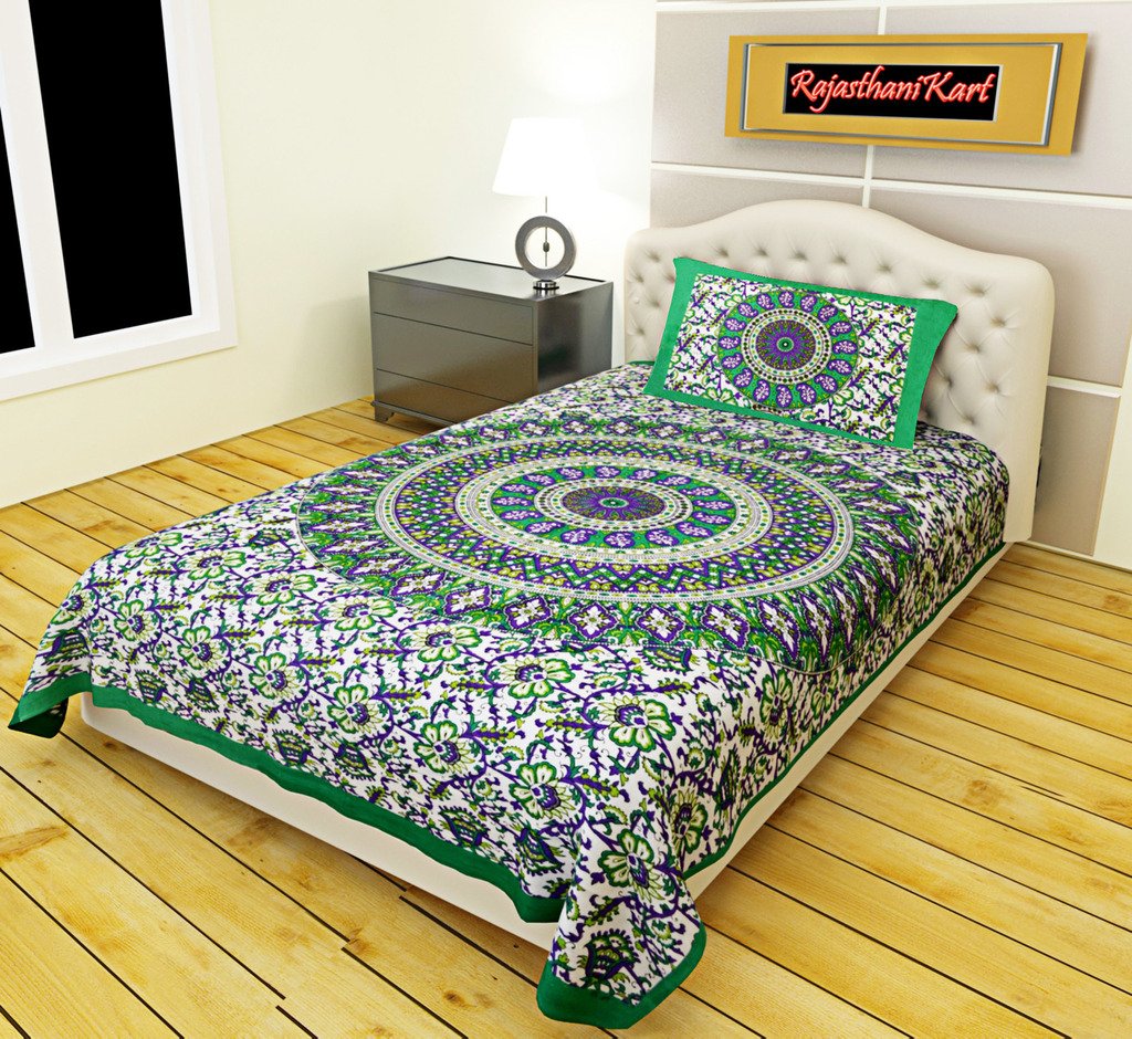 RajasthaniKart Comfort Rajasthani Jaipuri Traditional Sanganeri Print 144 TC 100% Cotton Single Bedsheet with 1 Pillow Cover (Si