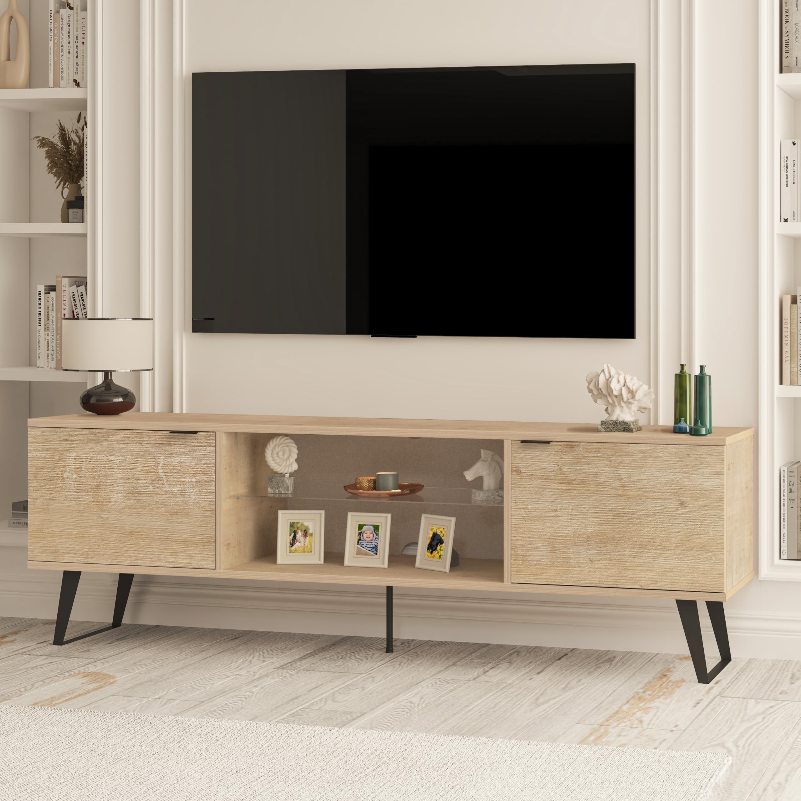 Atelier Mobili Mid Century Modern Tv Stand 75 Inch | Farmhouse Entertainment Center With Storage | Tv Stand For 75 Inch Tv | Oak Tv Stand For Living Room Entertainment Center For Bedroom Tv Stand