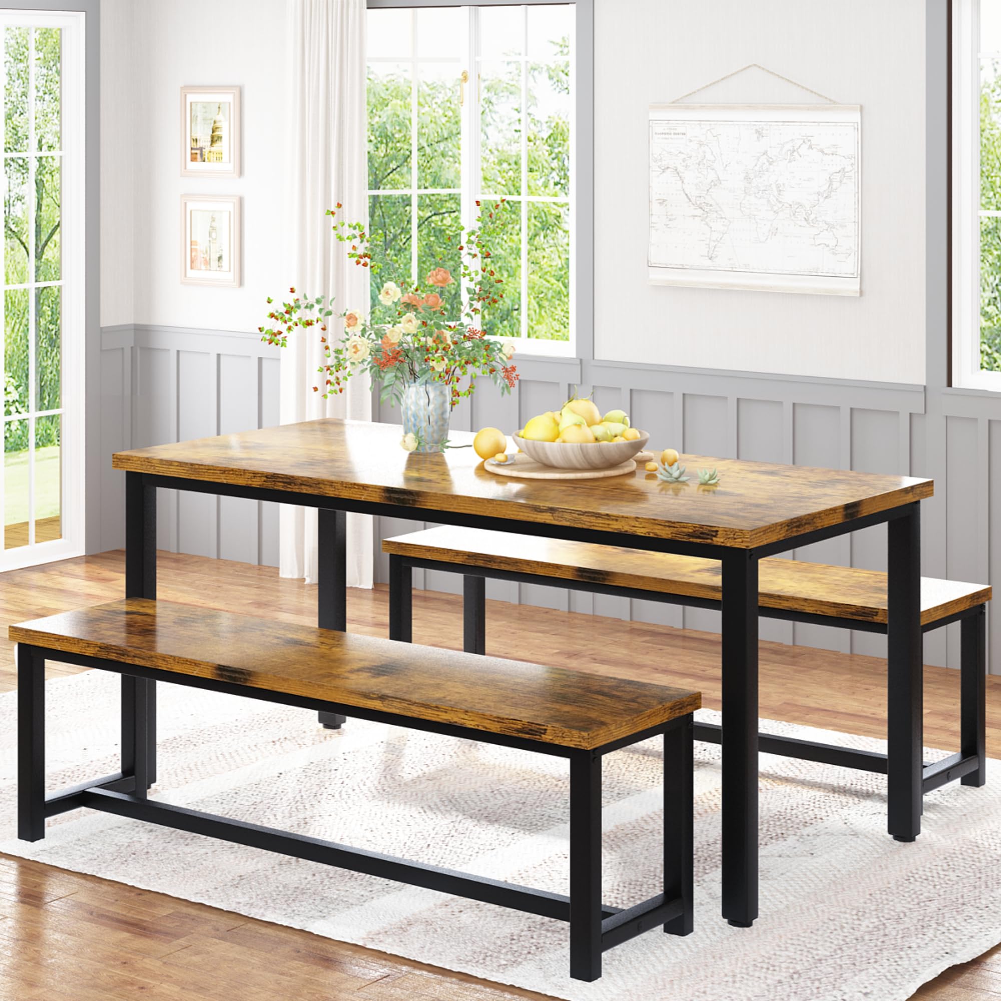 Recaceik 47    Dining Table Set with Benches, 3 Pieces Dining Room Table Set for 4, Wood Kitchen Table and Chair Set with Sturdy