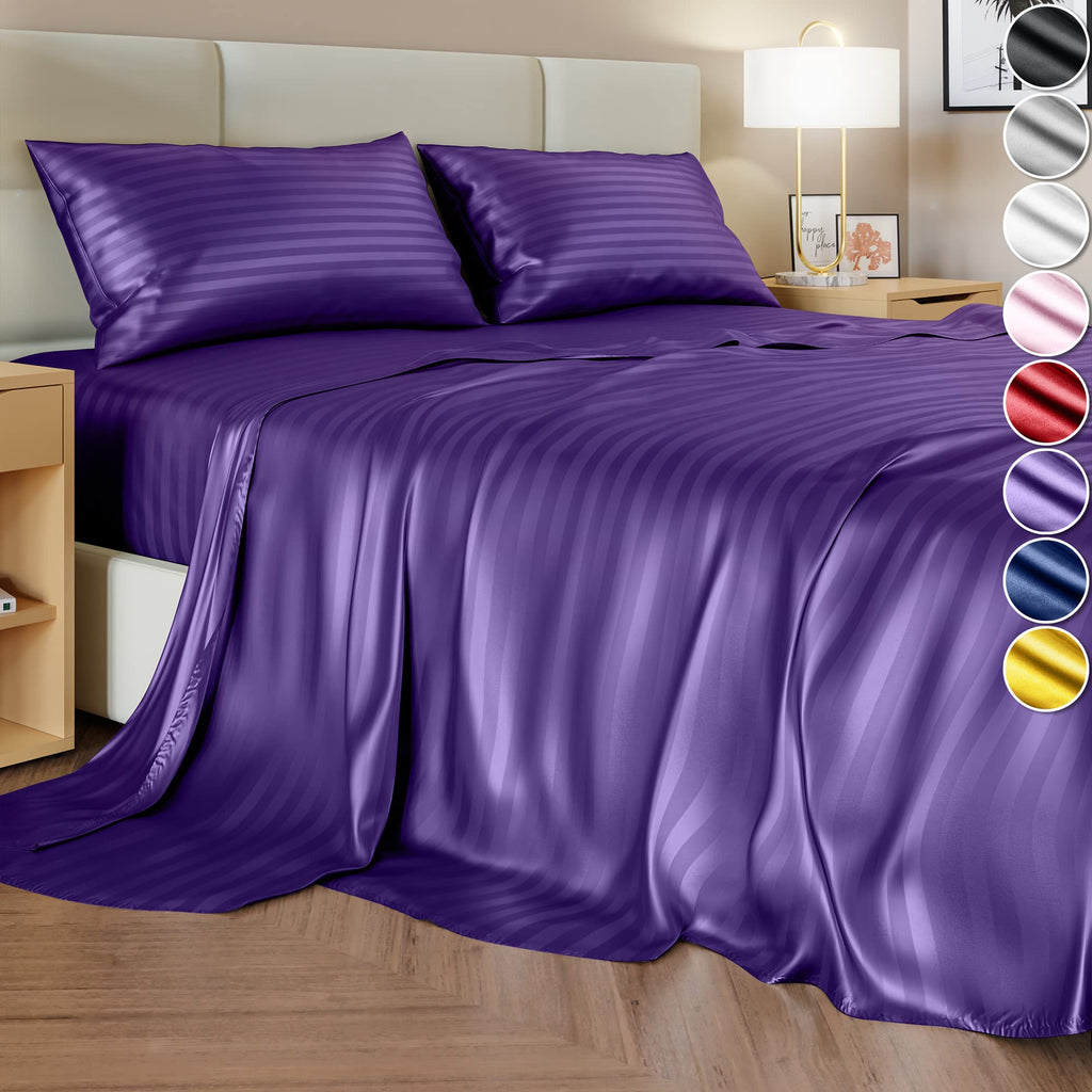 Decolure Striped Satin Sheet Queen Set 4Pc - Luxurious Silk Feel Sheets Queen - All-Season Satin Silky Soft Queen Size Satin Bed