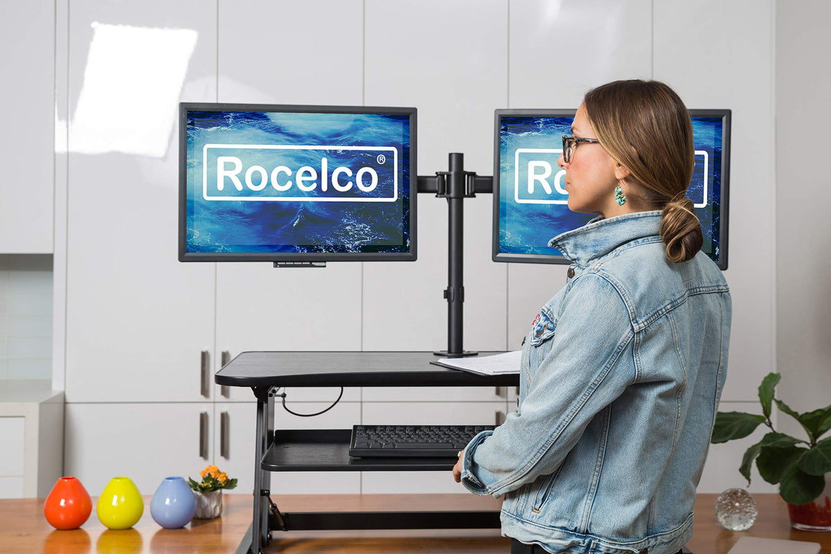 Rocelco 40" Large Height Adjustable Standing Desk Converter with Dual Monitor Mount BUNDLE - Quick Sit Stand Up Computer Workstation Riser - Retractable Keyboard Tray - Black (R DADRB-40-DM2)